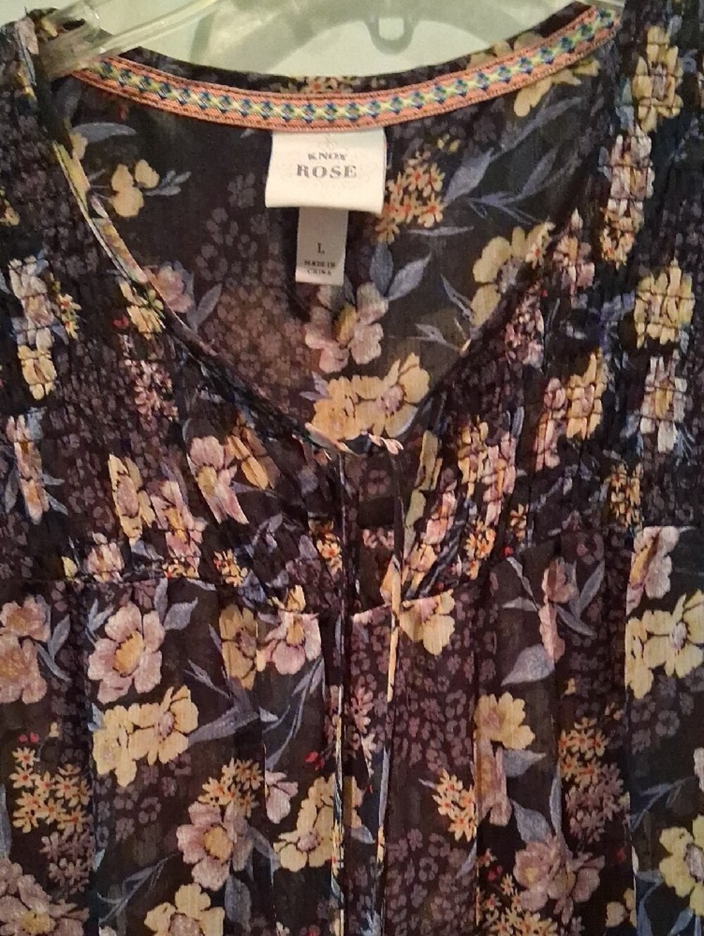 Knox Rose Black Floral Smocked Short Sleeve Blouse with Yellow Trim - Picture 4 of 11
